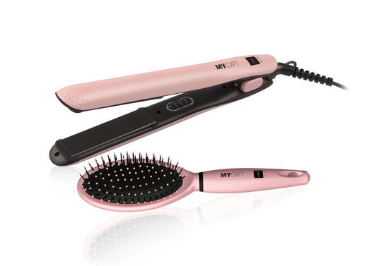 MYGIFT – Sléttujárn og hárbursti í gjafasetti - Ljós bleikt