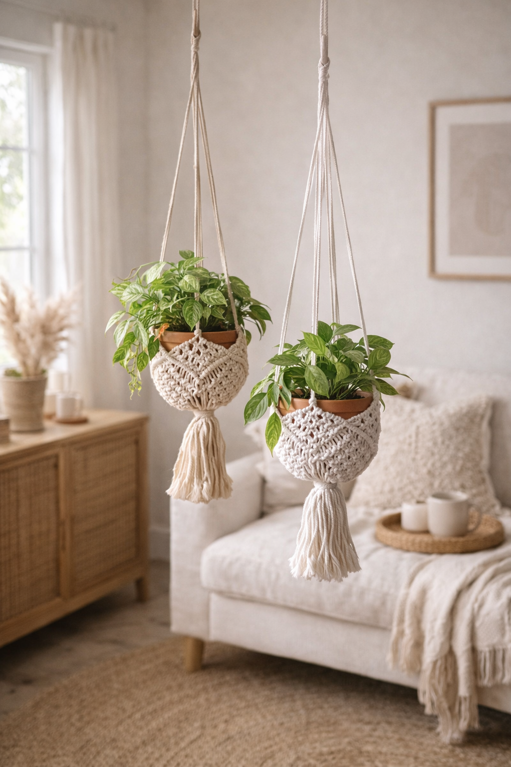 Handgerð Makramé plöntuhengi - Tveir litir