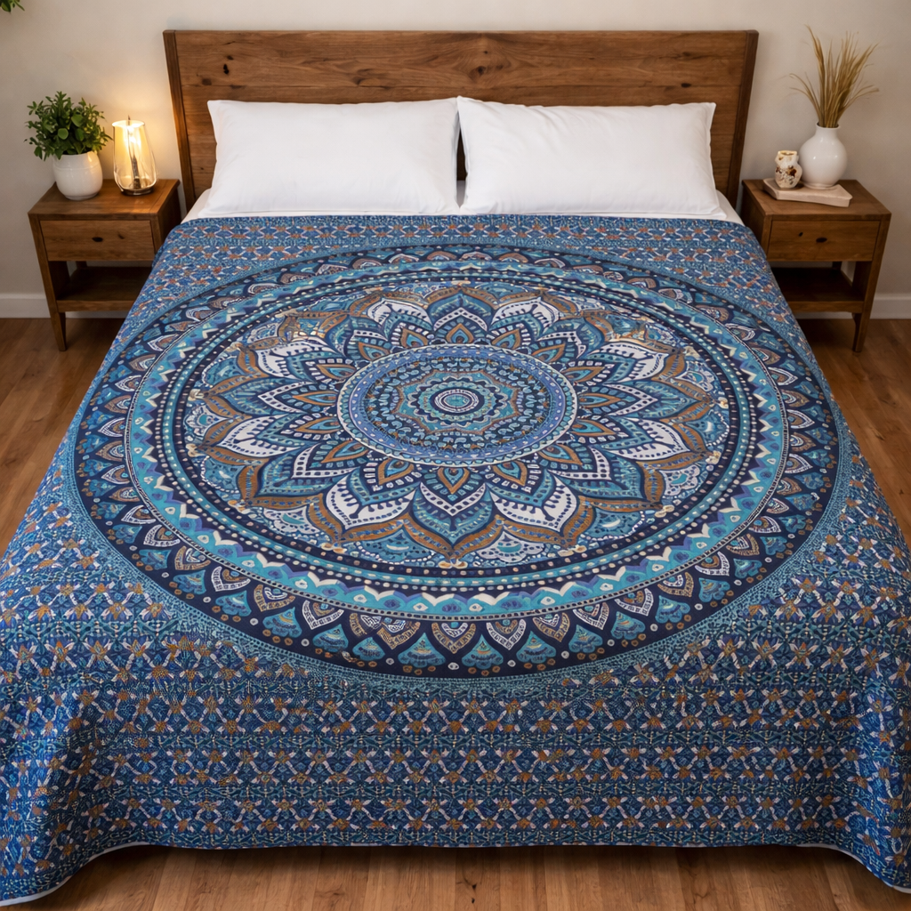 Handprentað bómullarteppi