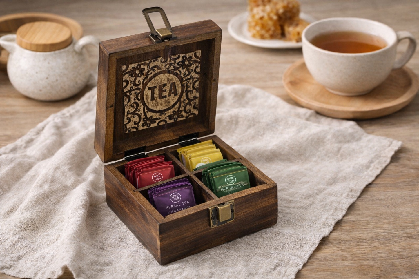 Tebox úr útskornum mangóvið - Lítið