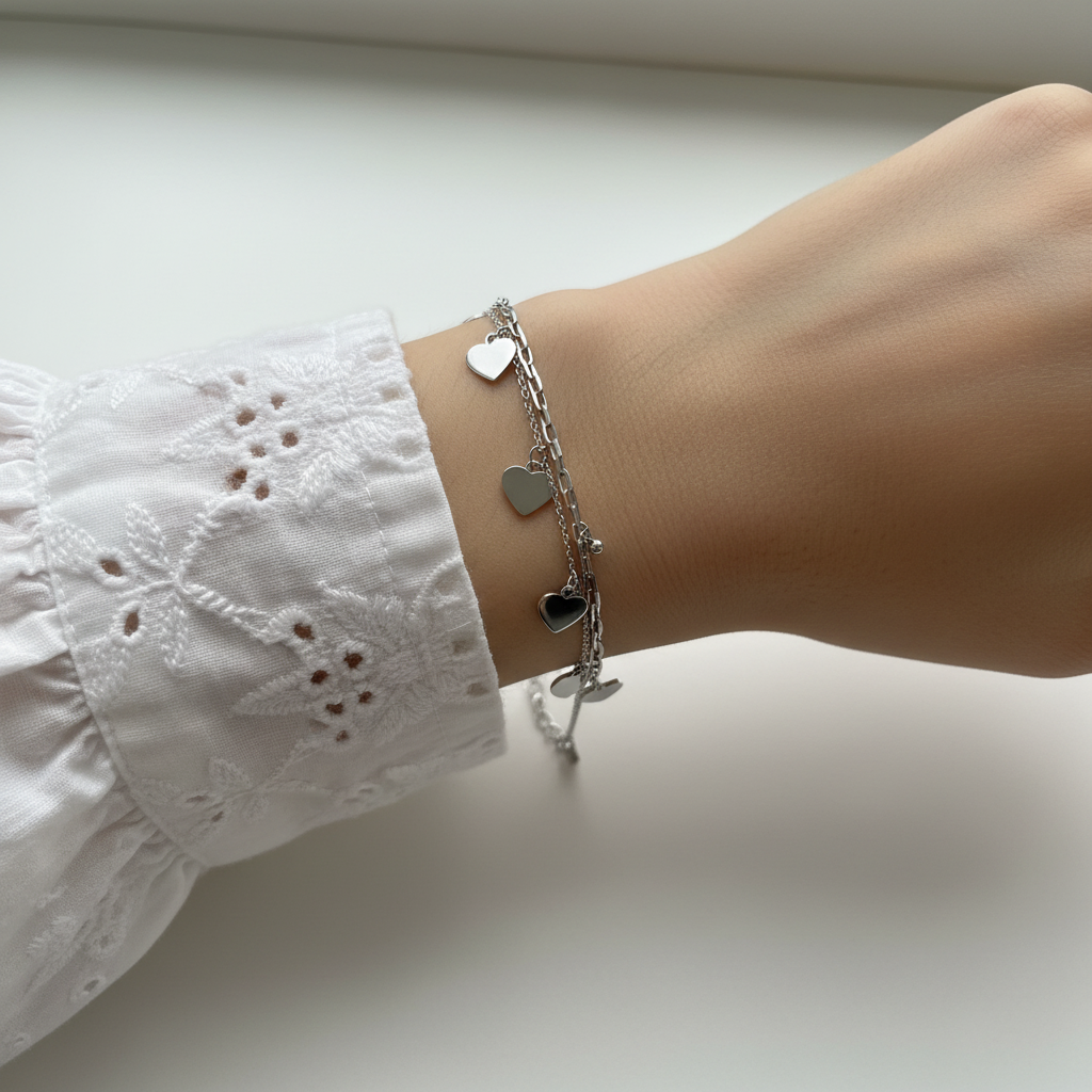 Silfur armband með hjörtum - ryðfrítt stál